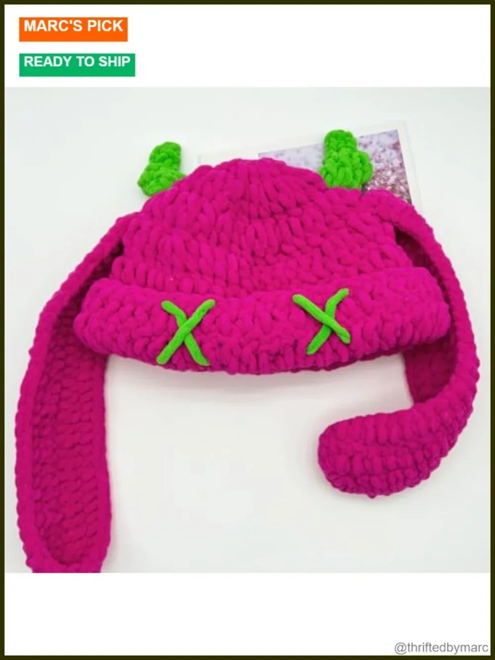 Chunky Beanie with Devil Horns Hand-Crochet Chenille Hat Floppy Ears Slouchy